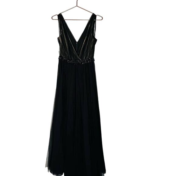 Badgley Mischka Black pleated Tulle Chiffon V-neck Gown size 2 - Picture 3 of 16